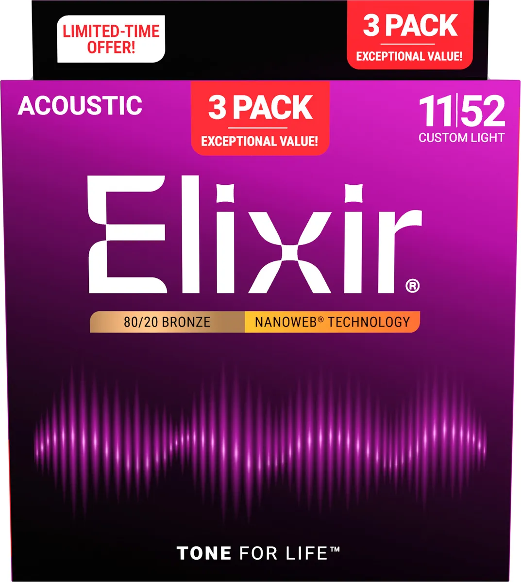 Elixir Nanoweb Bronze 80/20 - Western-strenge 011-052 Custom Light - 3 Pack