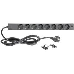 AH 87471USB 19"/1unit Rack strmskinne med 8xSchuko udtag + USB