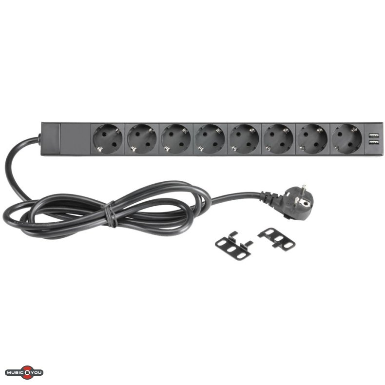 AH 87471USB 19"/1unit Rack strmskinne med 8xSchuko udtag + USB