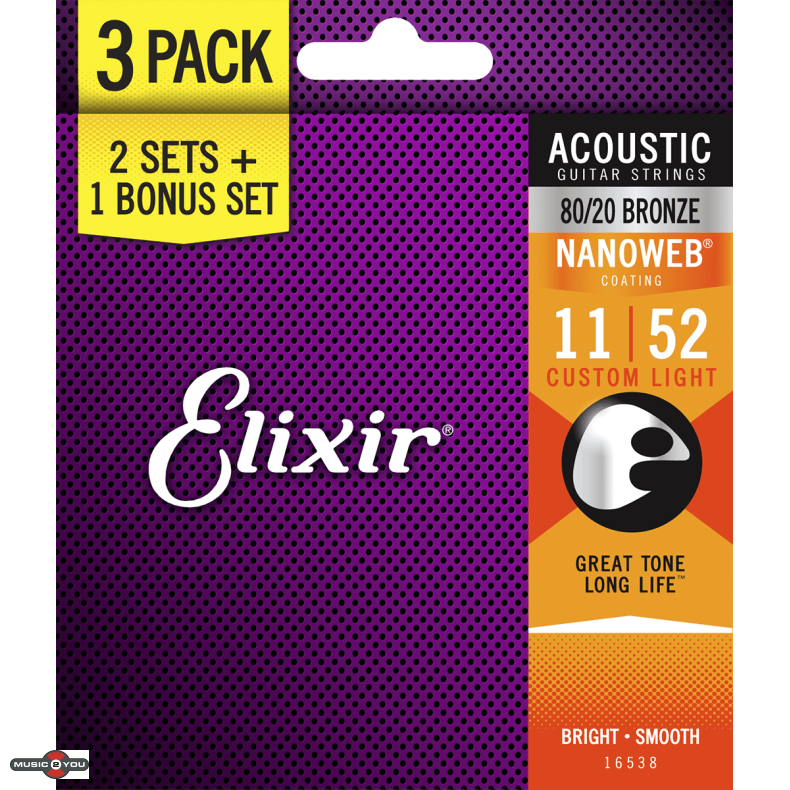 Elixir Nanoweb Bronze 80/20 - Western-strenge 011-052 Custom Light - 3 Pack