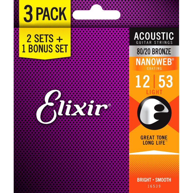 Elixir Nanoweb Bronze 80/20 - Western-strenge 012-053 Light - 3 Pack