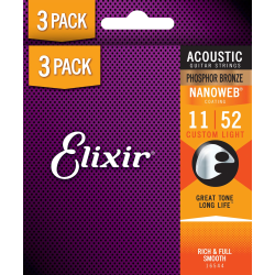 Elixir Nanoweb Phosphor Bronze - Western-strenge 011-052 Custom Light - 3 Pack