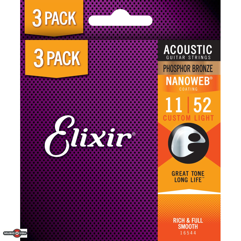 Elixir Nanoweb Phosphor Bronze - Western-strenge 011-052 Custom Light - 3 Pack