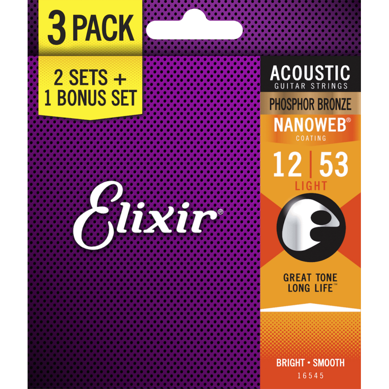 Elixir Nanoweb Phosphor Bronze - Western-strenge 012-053 Light - 3 Pack