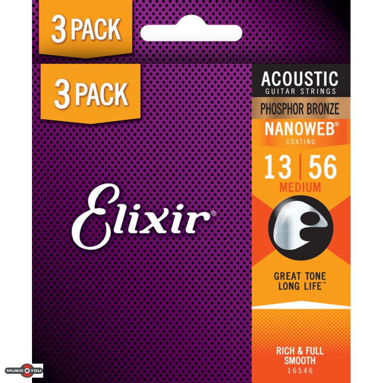 Elixir Nanoweb Phosphor Bronze - Western-strenge 013-056 Medium - 3 Pack
