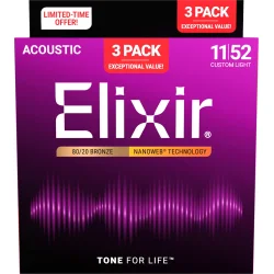 Elixir Nanoweb Bronze 80/20 - Western-strenge 011-052 Custom Light - 3 Pack