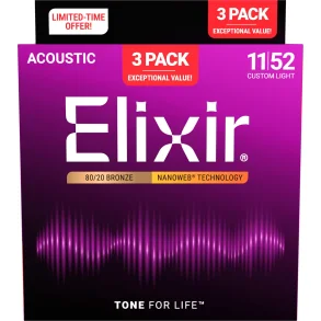 Elixir Nanoweb Bronze 80/20 - Western-strenge 011-052 Custom Light - 3 Pack