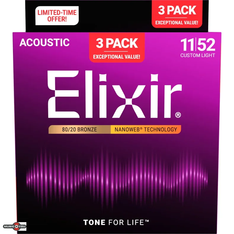 Elixir Nanoweb Bronze 80/20 - Western-strenge 011-052 Custom Light - 3 Pack