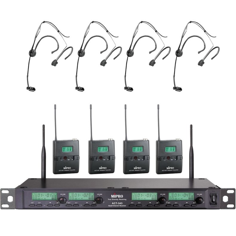 MIPRO ACT343-5NB Trdls Modtager 4 Kanals Inkl. Lommesender og Headset - 518-542MHz