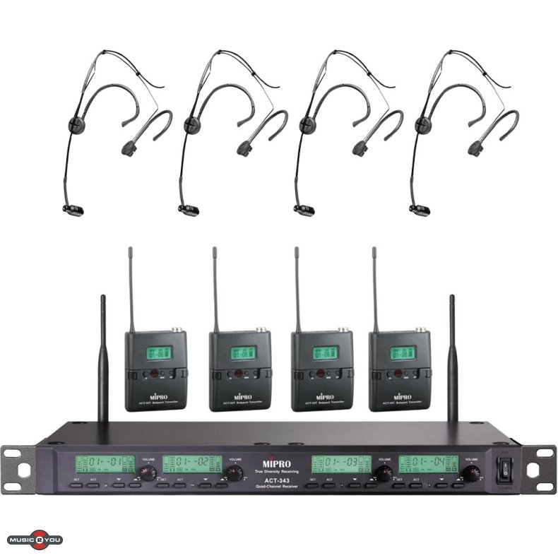 MIPRO ACT343-5NB Trdls Modtager 4 Kanals Inkl. Lommesender og Headset - 518-542MHz