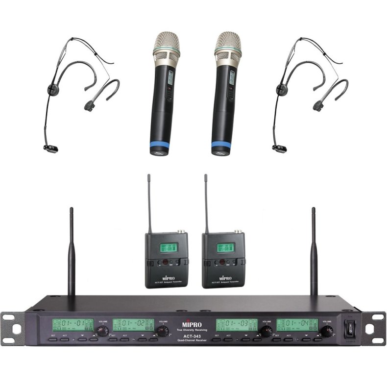 MIPRO ACT343-5NB Trdls Modtager 4 Kanals Inkl. Mikrofon, Lommesender og Headset - 518-542MHz