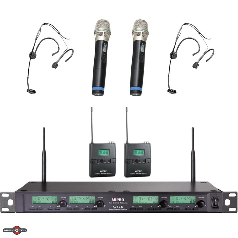MIPRO ACT343-5NB Trdls Modtager 4 Kanals Inkl. Mikrofon, Lommesender og Headset - 518-542MHz