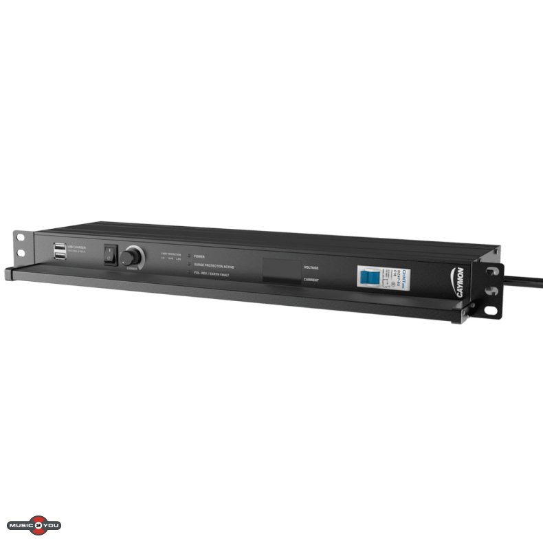 Caymon PSR529G/B Rack strmskinne med Sikring, Display, Lys og USB Port - 19"/1unit
