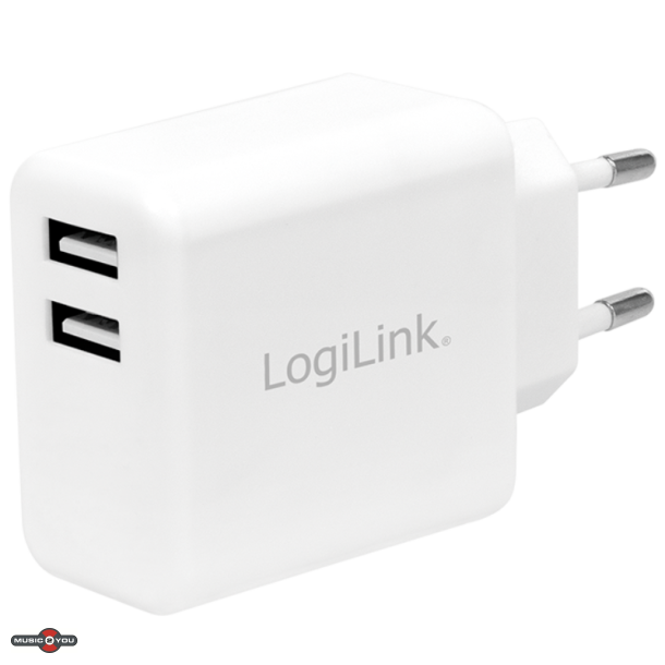 LogiLink USB Oplader - 2 x USB-A - 2,4A/12W - Hvid
