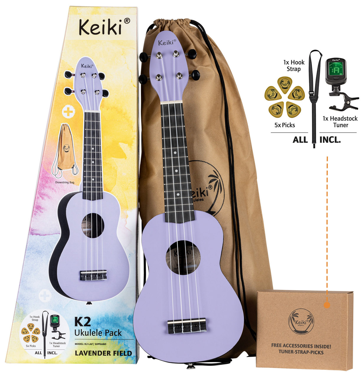 Se Ortega Keiki K2-LAF Sopran Ukulele Pack - Lavender Field hos Music2you