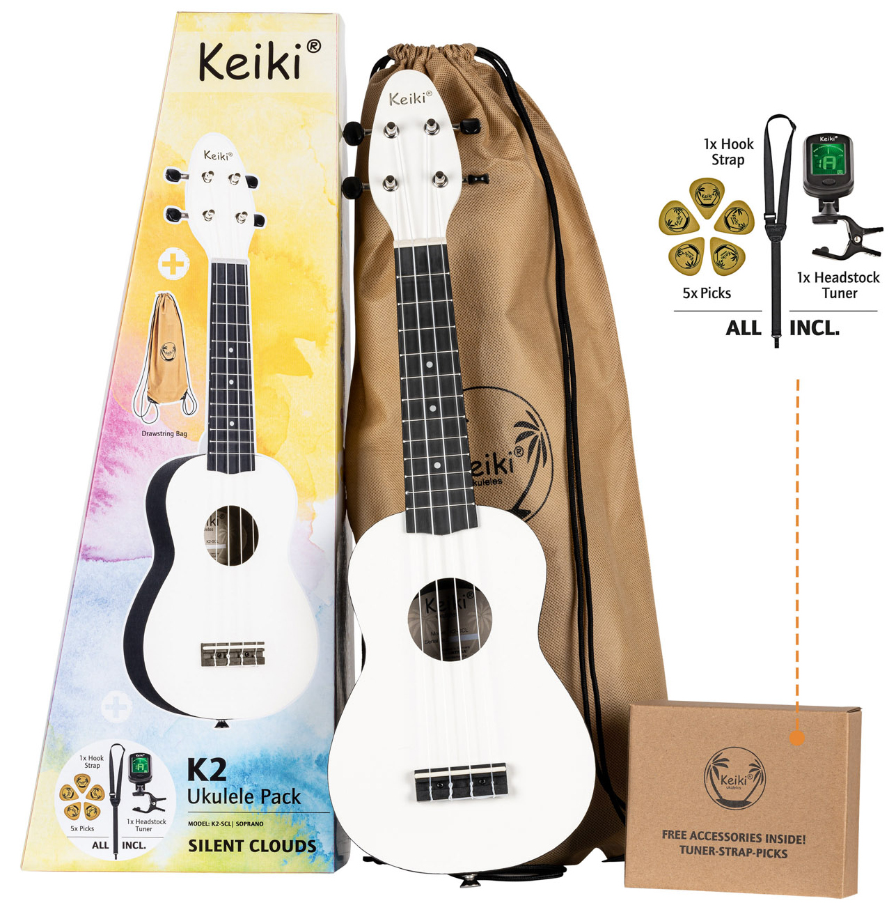 Se Ortega Keiki K2-SCL Sopran Ukulele Pack - Silent Clouds hos Music2you