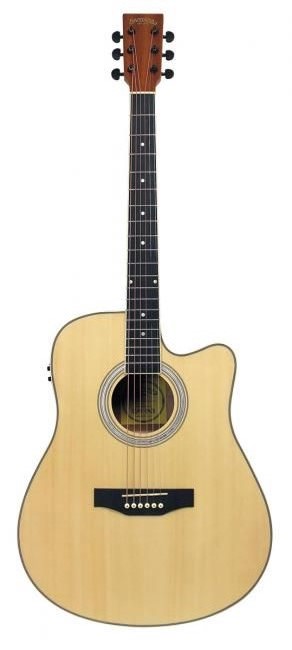Køb Santana LA-90EQCW-V2 Western guitar med pickup, tuner og cutaway - Natur - Pris 1695.00 kr.